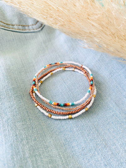 Stretch Bracelet Set, Dainty Bracelet, Colorful Boho Seed Bead Stack, Small Beaded Handmade