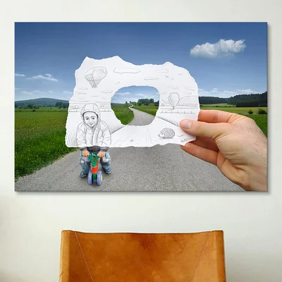 Pencil Vs Camera 29 - Child Playing by Ben Heine Photographic Print on Wrapped Canvas
