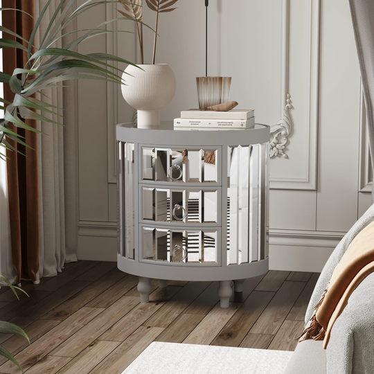 Round Mirrored Nightstand with 3-Drawers, Mirror End Table Silver Bedside Table