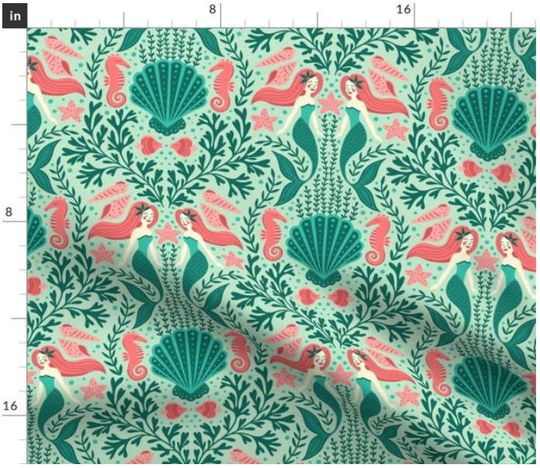 Mermaid Damask Fabric By The Yard | Seashells Ocean Nautical Made To Order Organic