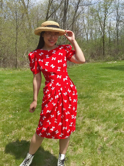 Vintage Dress Midi Red Bow Tie Puff Sleeve Pencil Skirt Sun Market Size S/M