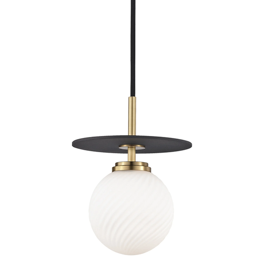 Mitzi by Hudson Valley Ellis 1-light Aged Brass Small Pendant with Black Accents, Opal Matte Glass
