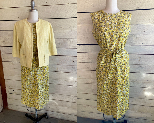 60S Yellow Cotton Floral Print Skirt Tank Jacket 3 Piece Outfit Pencil