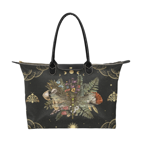 Dragonfly Of Crescent Moon Forest Witchcraft Handbag, Witchy Boho Zip Tote, Pagan Witch Occult Aesthetic Art Bag With Vegan Leather Handles
