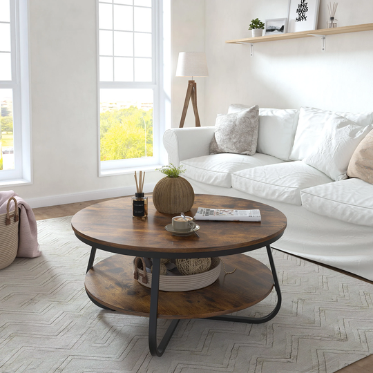 Round Coffee Table with Open Storage, 38.5inch Wood Sofa Table Rustic Accent Table for Living Room