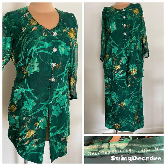 Amazing Italian Silk Suit With Tunic Top & Pencil Style Skirt Rhinestones in Excellent Vintage Condition Rare Large Plus Size
