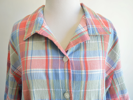 Pastel Plaid Short Sleeve Button Up Shirt 1990S Vintage Textured Coral Blue & Green Collared Size Large To Xl