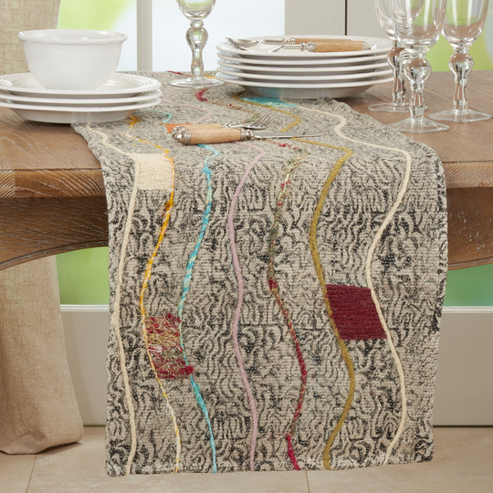 Embroidered Table Runner With Block Print Design