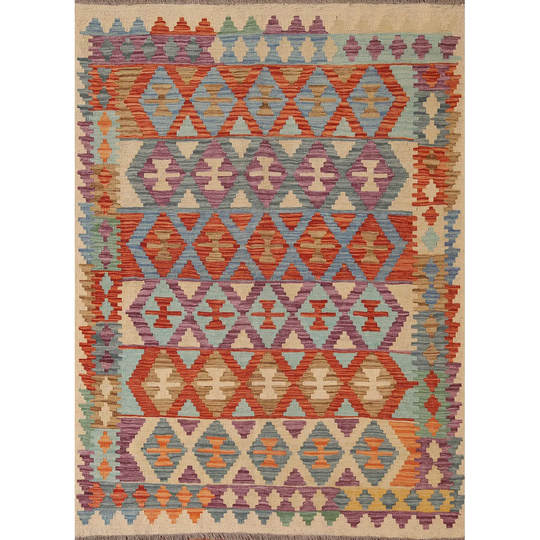 Colorful Kilim Reversible Area Rug Bedroom Flat-weave Wool Carpet - 4'11" x 6'3"