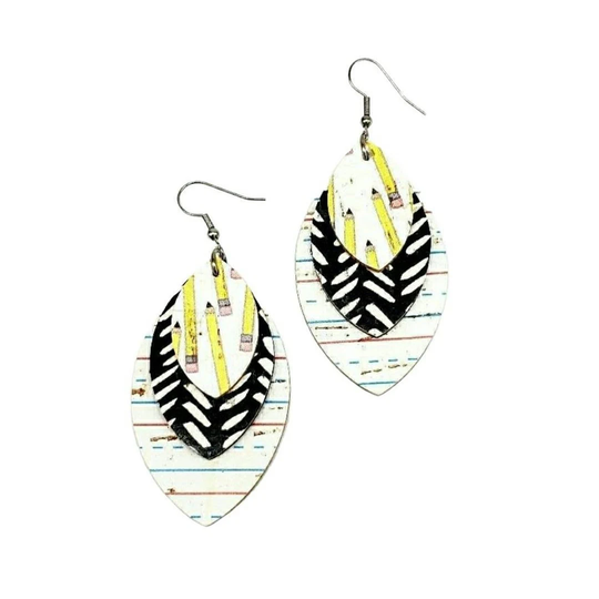 Pencil & Notebook Paper Cork On Leather Layered Earrings, Handmade Elementary Teacher Appreciation Gift, Back To School Jewelry Dangles