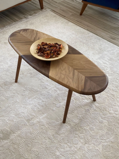 Wooden Ellipse Walnut Coffee Table, Mid Century Modern Rustic Round Center Walnut