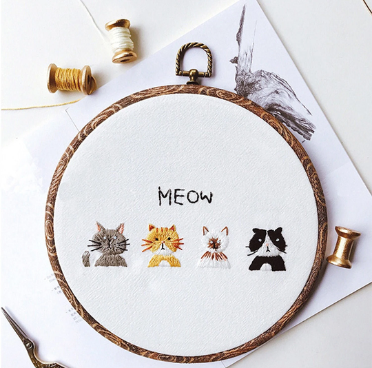 Cat Embroidery Kit Beginner, Creative Flora & Cat, Embroidery Pattern, Diy Hoop Wall Art Kit, Diy Craft
