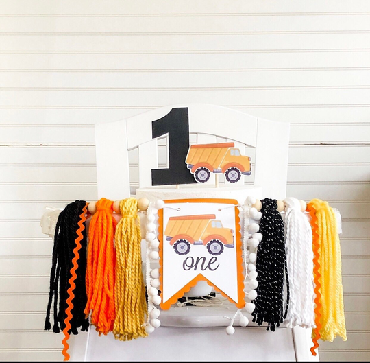 Construction Birthday High Chair Yarn Tassel Banner, Cake Smash Backdrop First Birthday, Topper