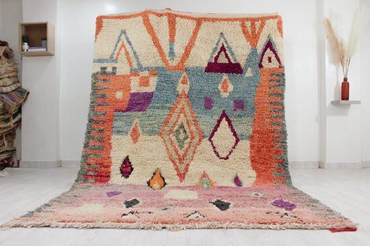 Colorful Boujaad Rug - Hand Knotted Vintage Moroccan Abstract Beni Ourain 8x5 Boho Area Carpet