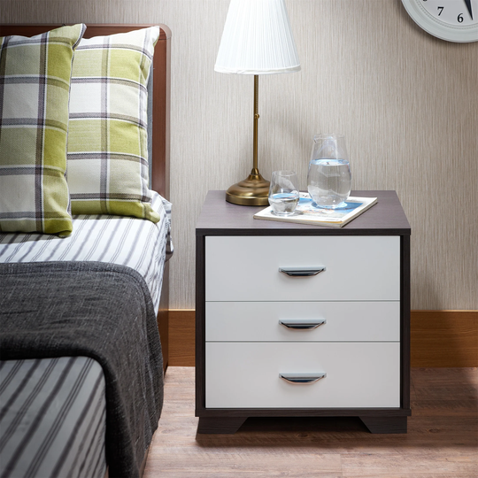 Modern Wood End Table, Bedroom Nightstand with 3-Drawer Storage, White