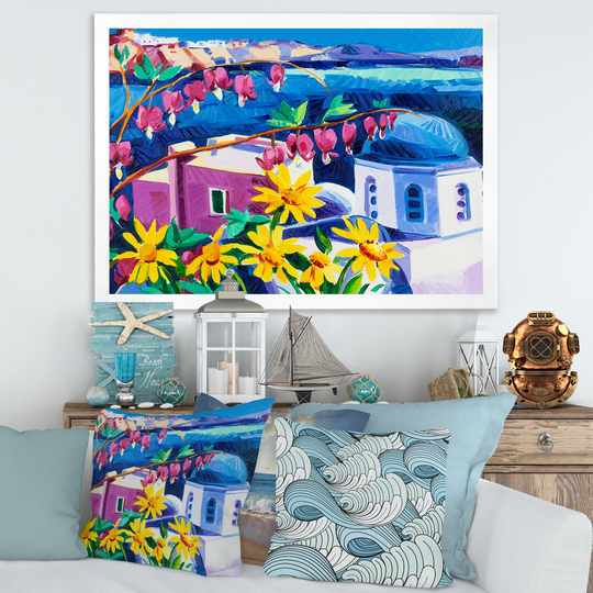 Designart 'Colorful Traditiona Santorini Churches' Nautical & Coastal Framed Art Print