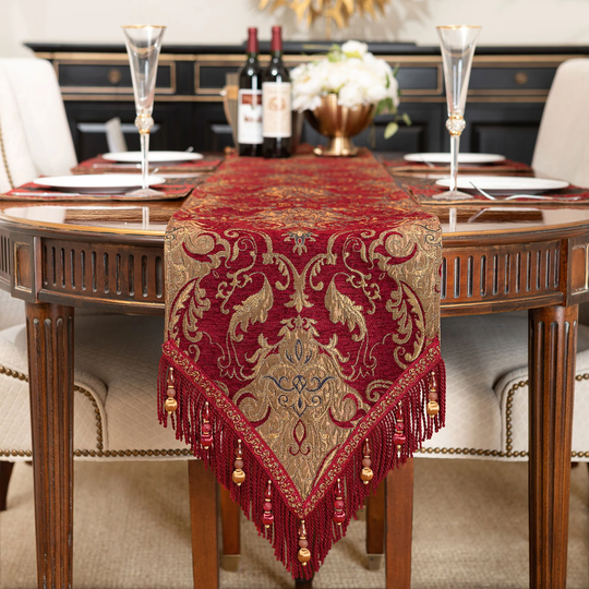 Florence Table Runner - Luxury Runner With Tassels For Christmas Decoration - Burgundy 13x72"/90"/108"/120"