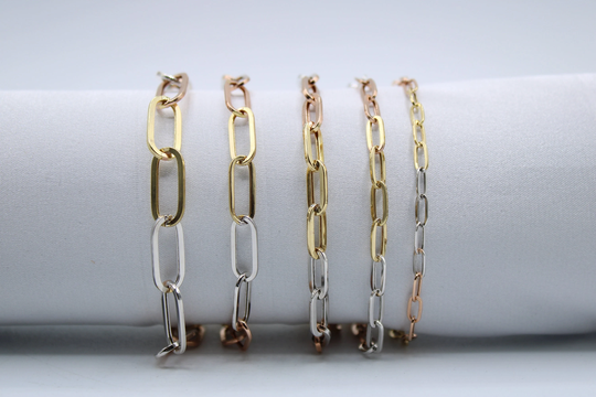 14K Gold Paperclip Tri Color Bracelet, Trending Bracelet, Ladies 3mm, 3.5mm, 4.3mm 5.5mm