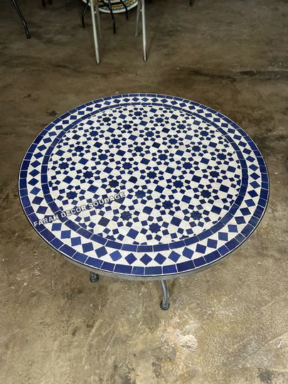 Moroccan Mosaic Table Handmade, Handcrafted Round Outdoor/ Indoor Mosaic, Blue & Beige Table, Decor