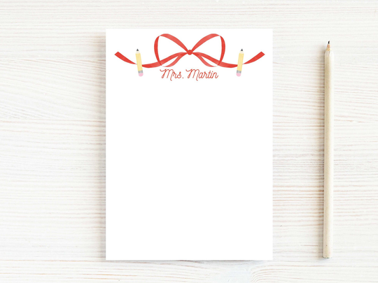 Personalized Teacher Bow Notepad, School Pencil Notepad