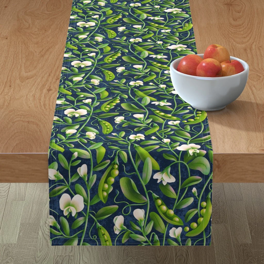 Pea Flowers Table Runner - Fresh Peas in My Garden By Stolenpencil Blue Green Floral Cotton Sateen Spoonflower