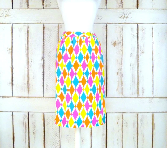 Vintage Silk Evan Picone Neon Harlequin Diamond Print Mod Pencil Skirt