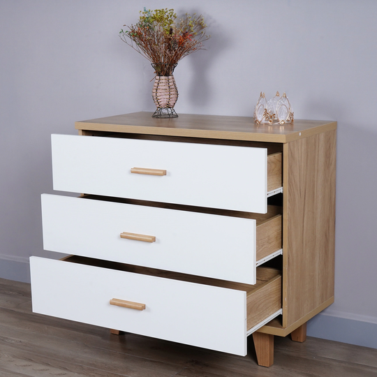 Three Drawer Storage Cabinet Dresser Bedside Table Chest Simple Bedroom Furniture Solid Wood Feet and Handles Bedside Cabinet