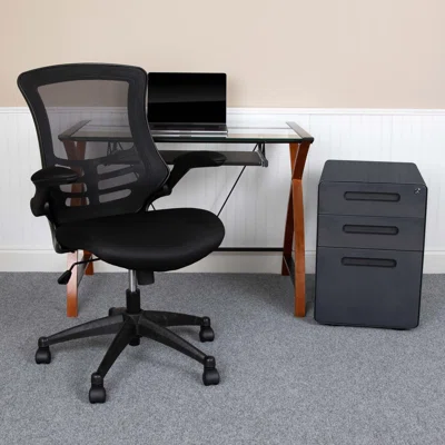 Khaiya 3 Piece Glass Rectangular Computer Desk Office Set with Chair