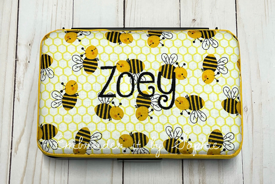 Personalized Kids School Pencil Box Case/Art Supplies Sticker Box/Crayon Storage Container/Bumblebee Honey Bee/Botanical Garden