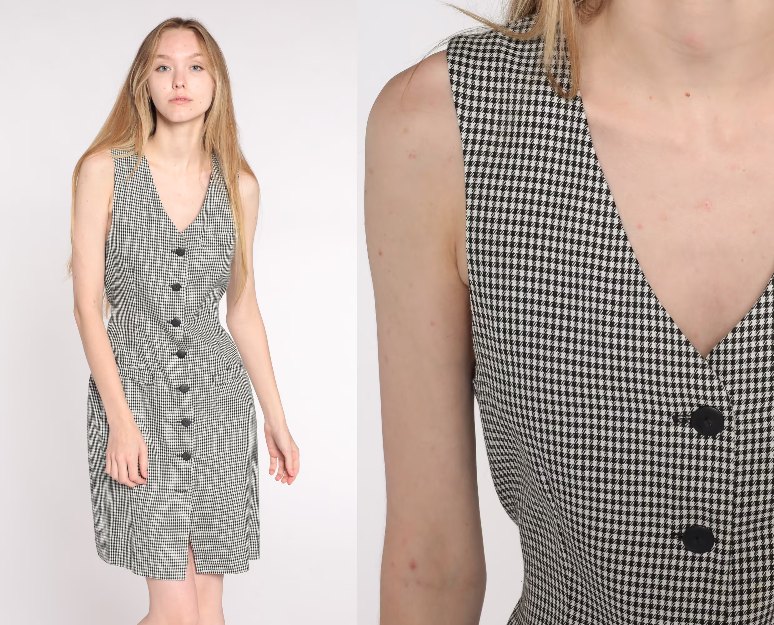 Checkered Sheath Dress 90S Mini Black White Button Up Preppy Grunge Vintage 1990S Sleeveless Pencil Shepherd's Check Gingham Small S