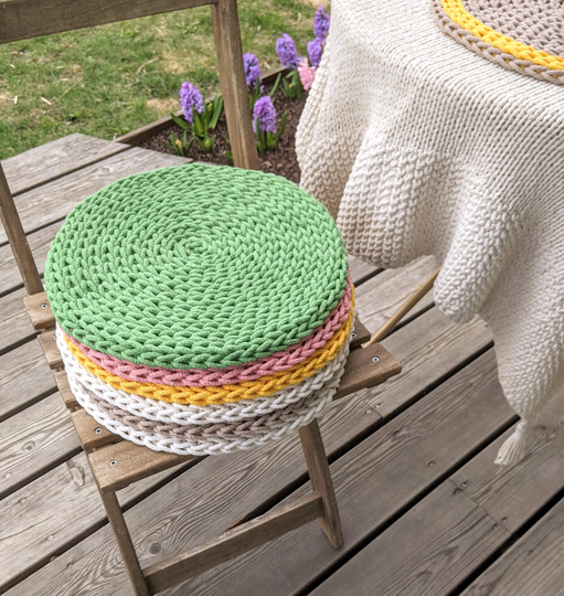 Round Chair Pads Rustic Rope Green Pink Grey White Yellow Orange - Crochet Recycled Cotton Braided Seat Cushions