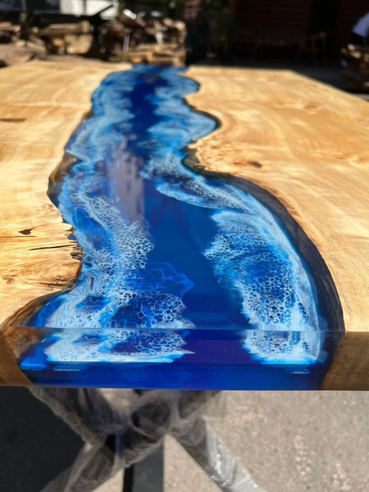 Ocean Table, Poplar Custom 20" X Blue, Turquoise White Waves Epoxy River Dining Table Order For Jaime