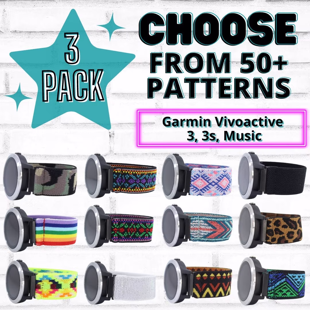 3 Pack - Elastic Watch Bands For Garmin Vivoactive & Music With 20mm Adapters Choose Your Patterns 50+ Color Options Bundle