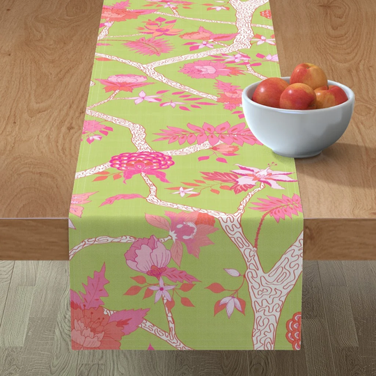 Chinoiserie Table Runner - Peony Branch Citron By Danika Herrick Maximalist Romantic Chartreuse Cotton Sateen Spoonflower