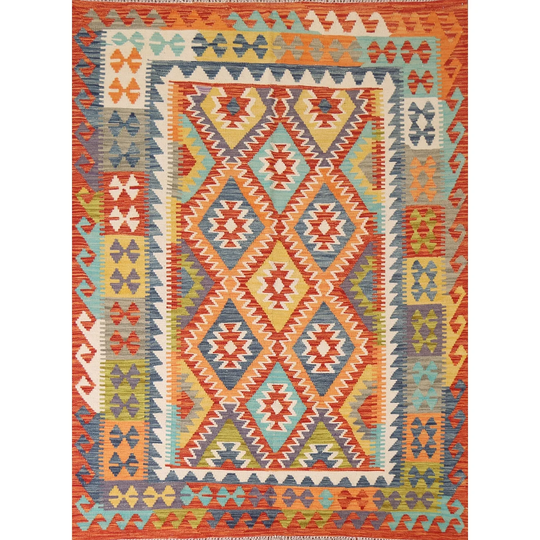 Kilim Reversible Multi-Color Area Rug Flat-weave Wool Carpet - 5'1" x 6'5"