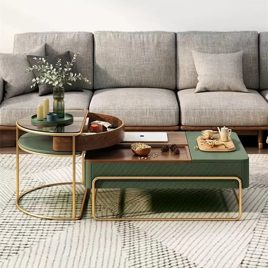 Lift-top Modern Nesting Coffee Table Set with Drawer, Tempered Glass Top Side Table, 39.37''