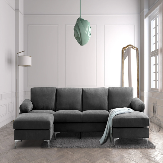 L-shape Convertible Sectional Fabric Sofa, Dark Grey/Blue/Dark Grey