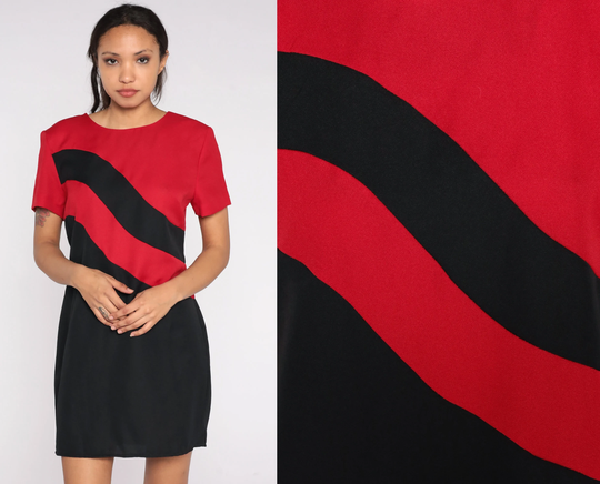 Color Block Pencil Dress 80S Red Black Wavy Striped Mini Retro Sheath Preppy Short Sleeve Formal Boho Vintage 1980S Large L 12