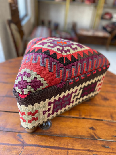 Triangle Kilim Ottoman, Kilim Ottoman Stool, Foot Rest, Beech Wood Vintage Furniture, Chair, Ottoman