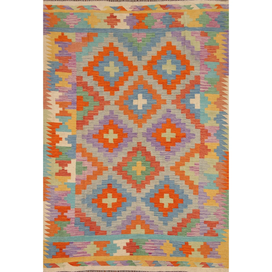 Reversible Kilim Oriental Multi-Color Area Rug Flat-weave Wool Carpet - 5'0"x 6'10"
