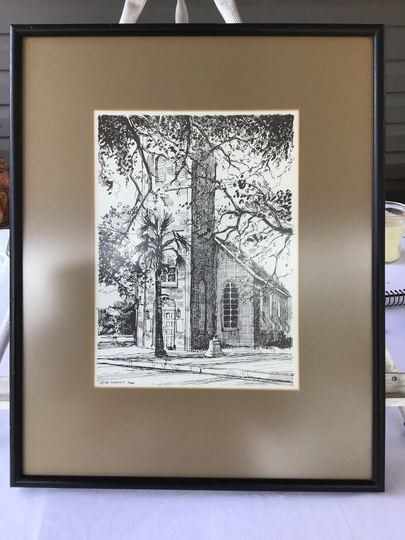 Framed Etching "Old Christ Church" Pencil Drawing Print Wall Art Joe Durrett 1966