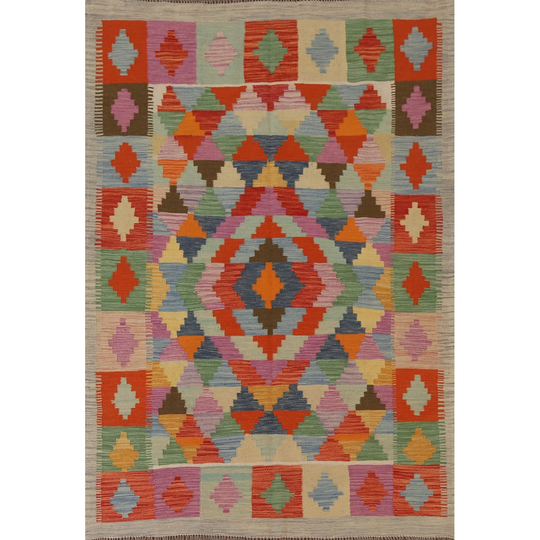 Multi-Color Reversible Kilim Area Rug Flat-weave Oriental Wool Carpet - 5'0"x 6'9"