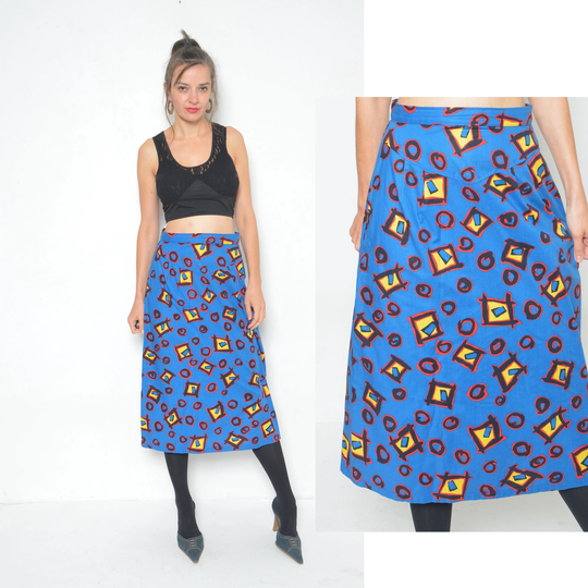 Geometric Colorful Skirt/Vintage 80S Abstract Pattern High Waist Long Multi Color Mid Calf - Size Medium