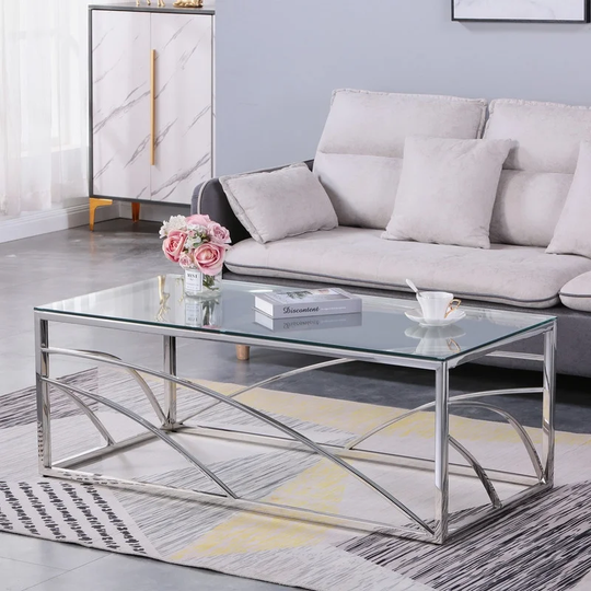 Stainless Steel Rectangular Accent Glass Coffee Table for Living Room, Sleek Center Table Lounge Table with Tempered Glass Top
