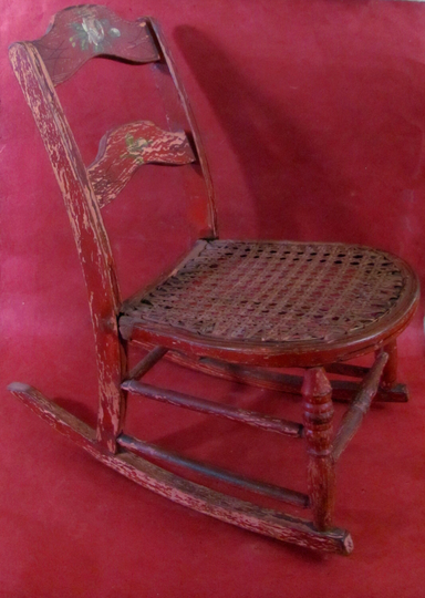 Antique Doll Rocking Chair Hand Caned Seat & Painted Flowers & Leaf Decoration Barn Red Paint Furniture