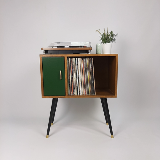Compact Walnut Sideboard With Green Door | Minimalist Media Console Vinyl Record Storage Tv Stand Solid Wood
