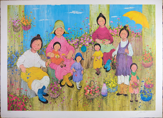 Pencil Hand Signed By Mildred Barrett, "Female Family', Vintage Serigraph On Paper, 25 in X 34.5 In, Limited Edition Number 291/300