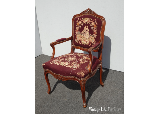 Vintage French Provincial Burgundy Needlepoint Tapestry Bergere Chair Asis