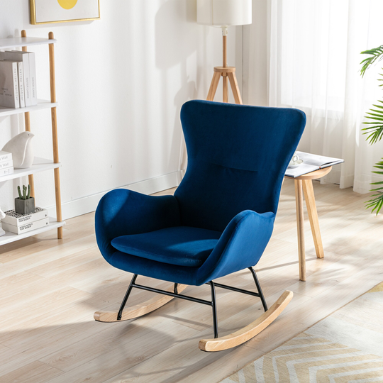 CTEX Velvet Upholstered Rocking Chair with Solid Rubber Wood Leg and Metal Frame