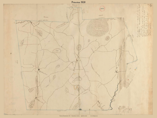 Princeton 1830 Town Plan - Old Roads Map Reprint Restored Massachusetts Archives Ma